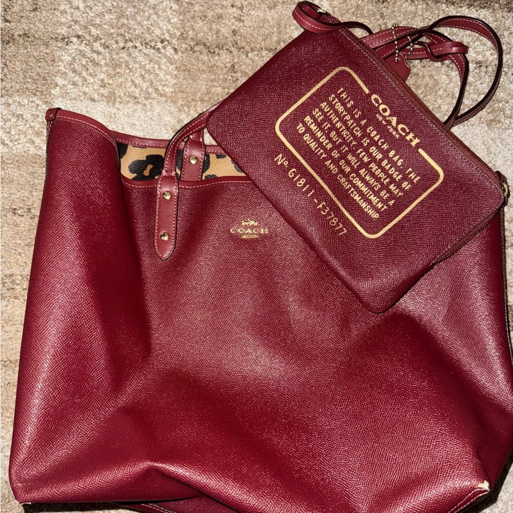 Coach Red Pebbled/ Leopard Double Side Leather Tote